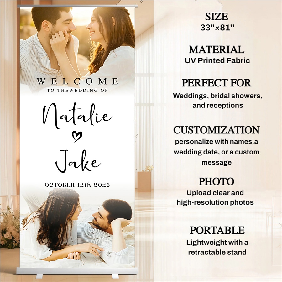 Customized wedding retractable banners - personalized photo wedding welcome signs, reception decorations and background curtains